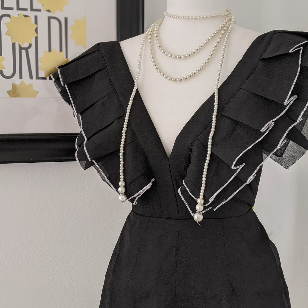 Black Tea & Cup Ruffle V-Neck Short Romper